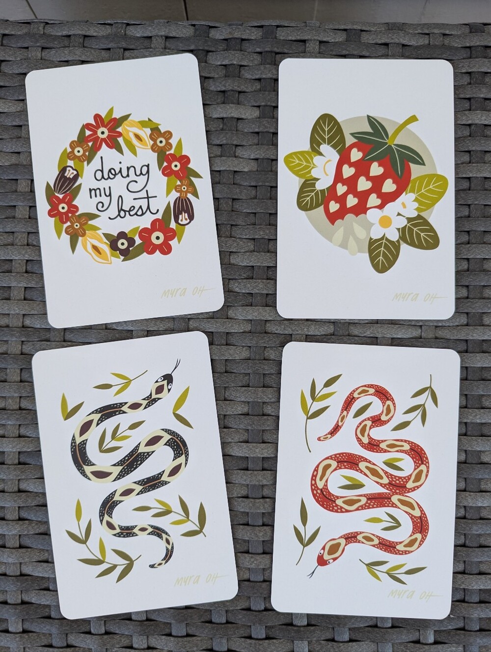 Set Of 4 Small Decorative Art Prints Snake Floral Strawberries